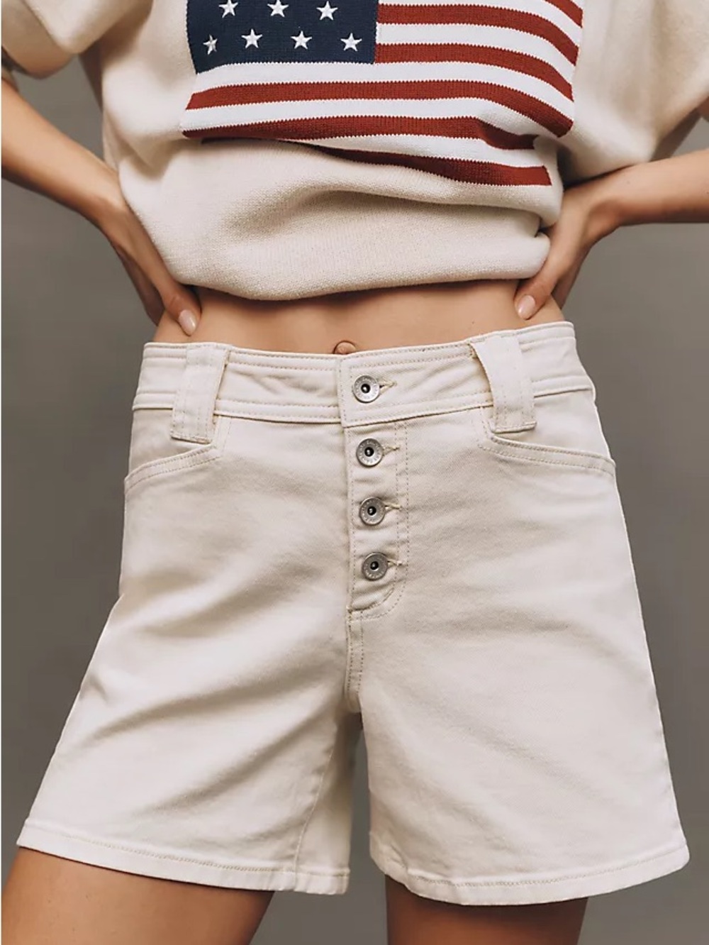Women's High-Waist Cream Button-Front Jean Shorts